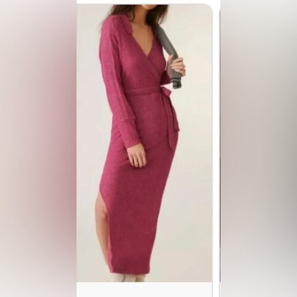 Anthropologie S pink ribbed belted wrap v neck stretchy long sleeve maxi dress - Picture 2 of 15